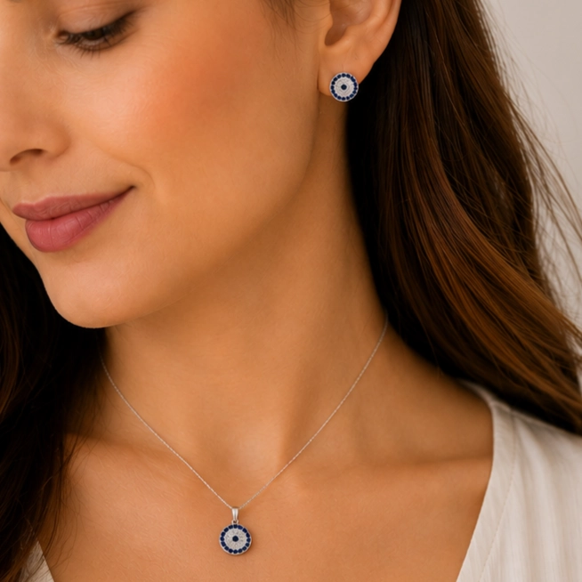 CONJUNTO AROS + COLGANTE OJO PROTECTOR AZUL PLATA 925 MUJER RIALTO - 2