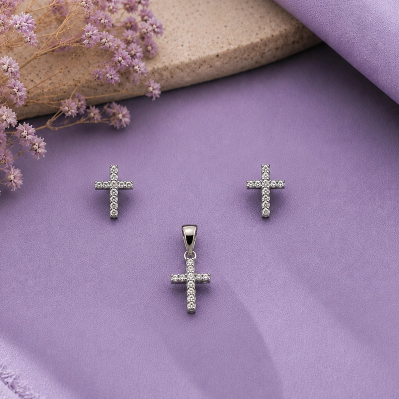 CONJUNTO AROS + COLGANTES CRUZ BRILLANTE PLATA 925 MUJER RIALTO - 1