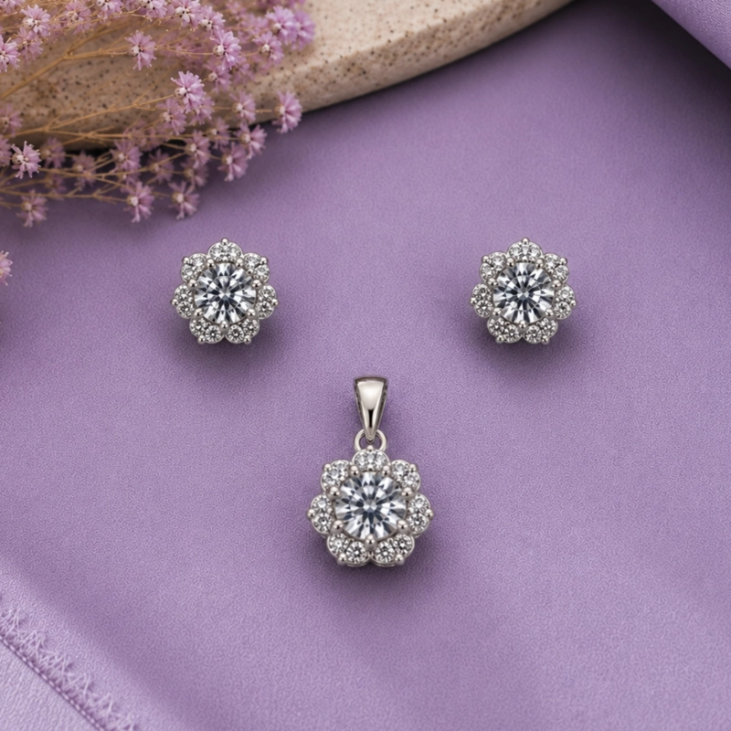 CONJUNTO AROS + COLGANTE FLOR BRILLANTE PLATA 925 MUJER RIALTO - 1