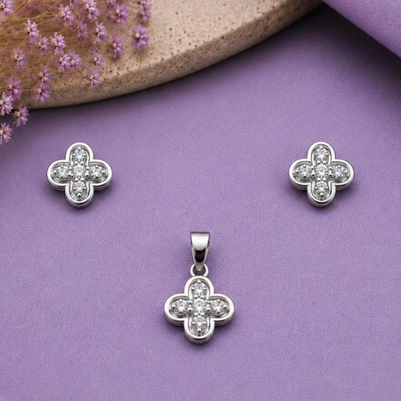 CONJUNTO AROS + COLGANTE FLOR DE CUATRO PE TALOS PLATA 925 MUJER RIALTO - 1