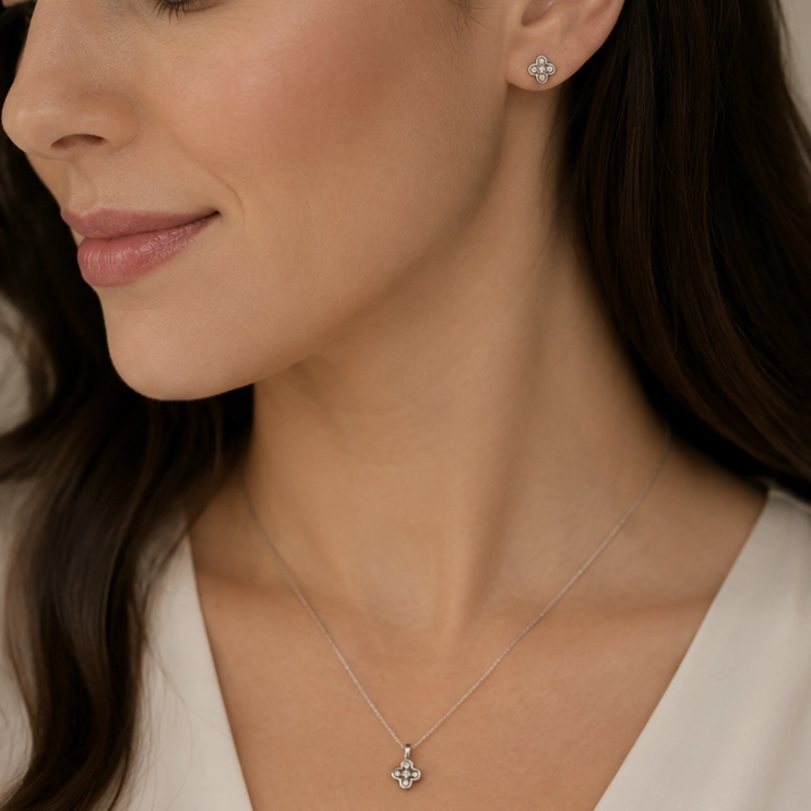 CONJUNTO AROS + COLGANTE FLOR DE CUATRO PE TALOS PLATA 925 MUJER RIALTO - 2