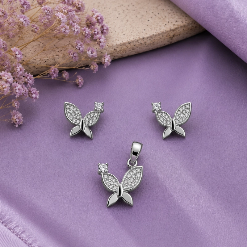 CONJUNTO AROS + COLGANTE MARIPOSA BRILLANTE PLATA 925 MUJER RIALTO - 1