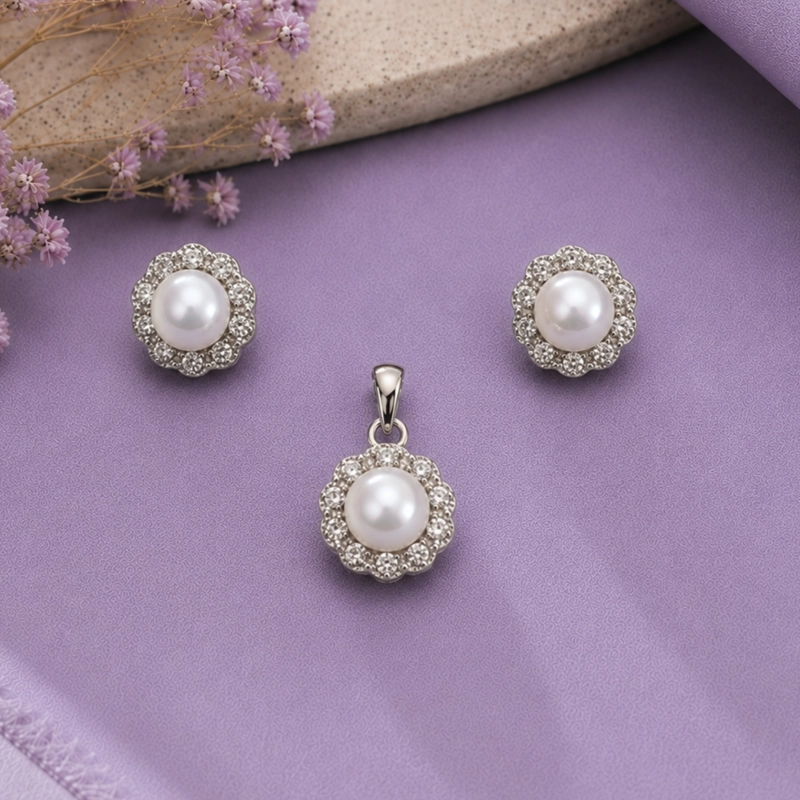 CONJUNTO AROS + COLGANTE FLOR DE PERLA PLATA 925 MUJER RIALTO - 1