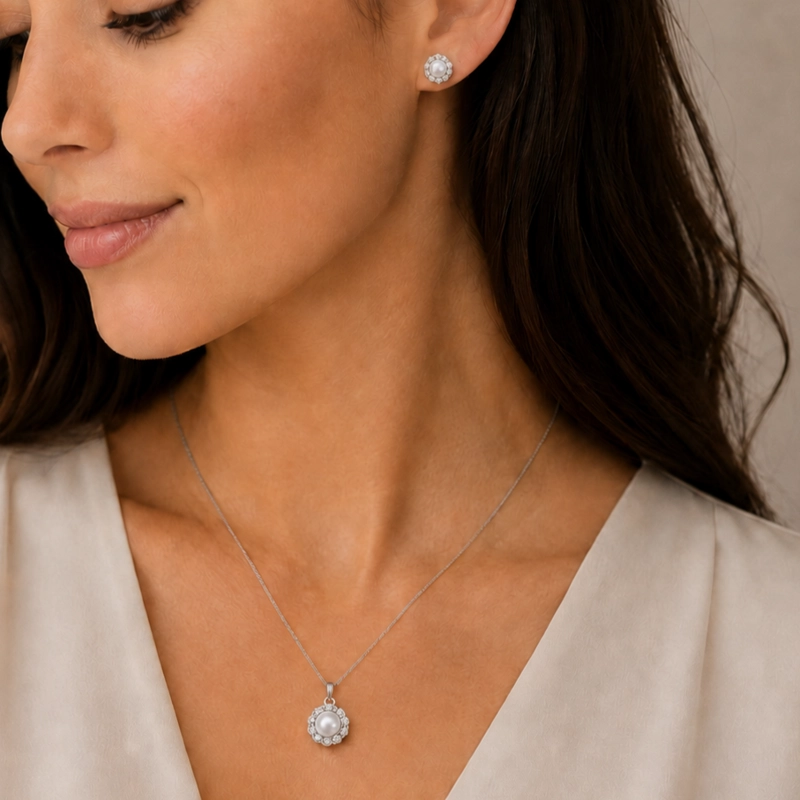 CONJUNTO AROS + COLGANTE FLOR DE PERLA PLATA 925 MUJER RIALTO - 2