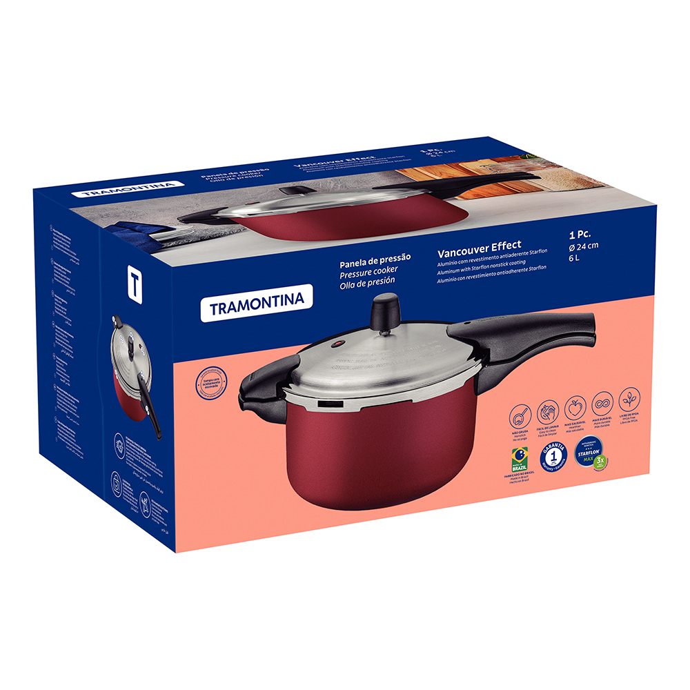 OLLA A PRESION TRAMONTINA VANCOUVER 6 LITROS 24CM ROJO - 4