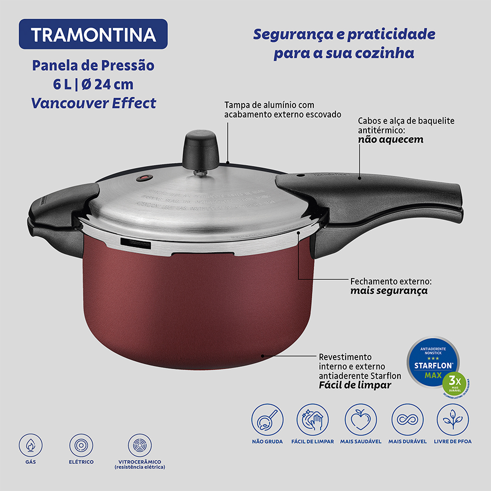 OLLA A PRESION TRAMONTINA VANCOUVER 6 LITROS 24CM ROJO - 5