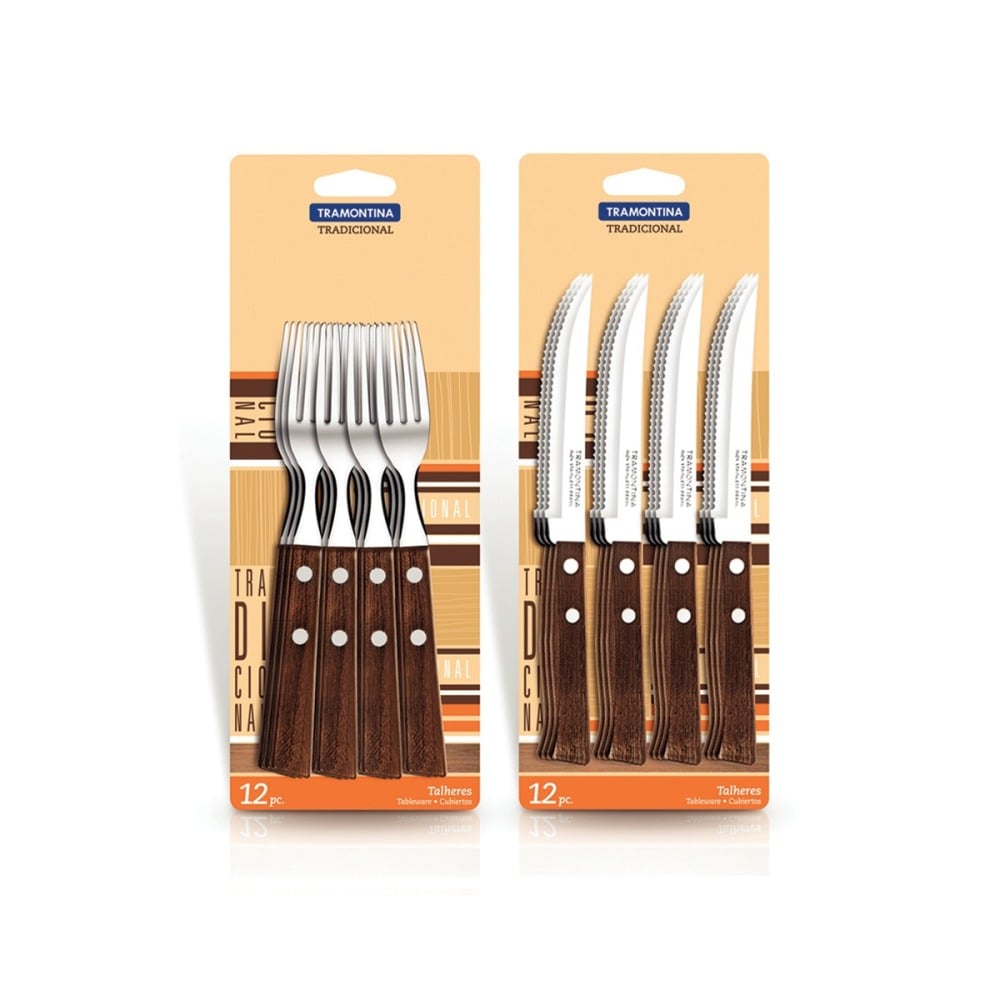 PACK TENEDOR TRAMONTINA MANGO MADERAX12UD+CUCHILLO 5PULGADAS - 1