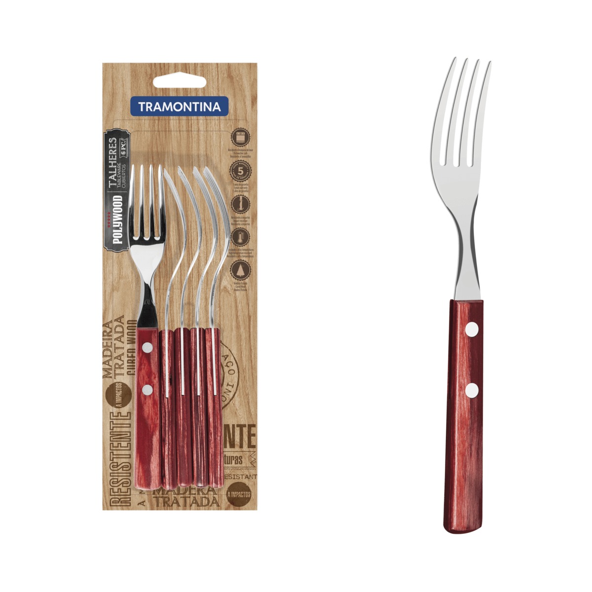 PACK TENEDOR TRAMONTINA MANGO MADERAX12UD+CUCHILLO 5PULGADAS - 2