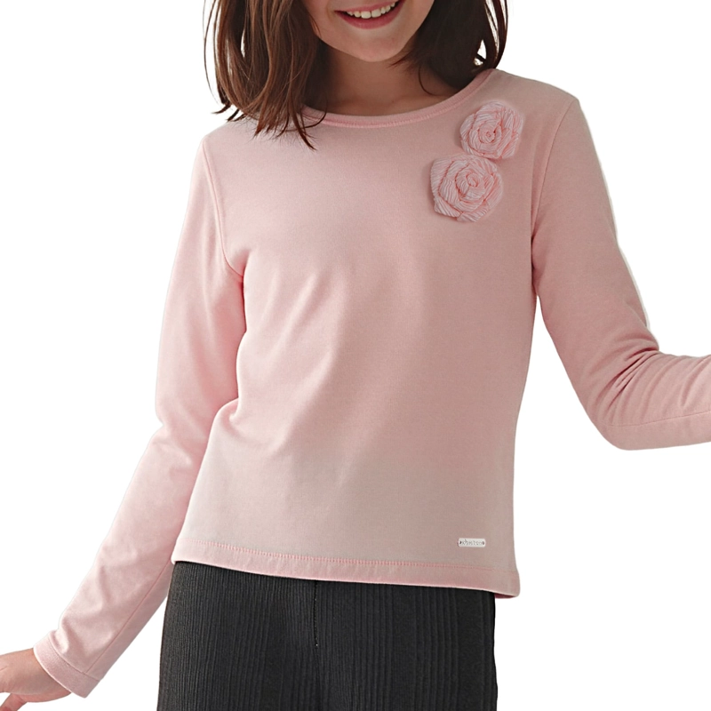 POLERA MANGA LARGA AFRANELADA NIÑA CON APLICACION DE ROSA - 1