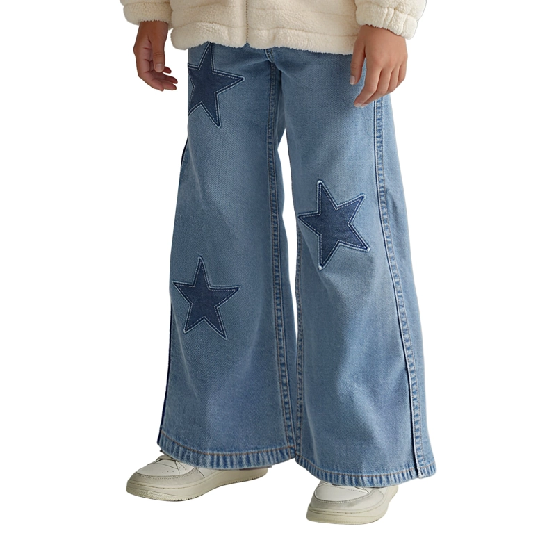 JEANS ANCHO NIÑA CON PARCHES DE ESTRELLAS - 1