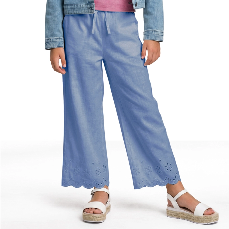 PANTALON ALGODON PALAZZO NINA CON BRODERIE Azul