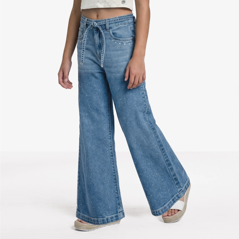 JEANS MEZCLILLA PALAZZO NIÑA DE ALGODON  CON STRASS - 1