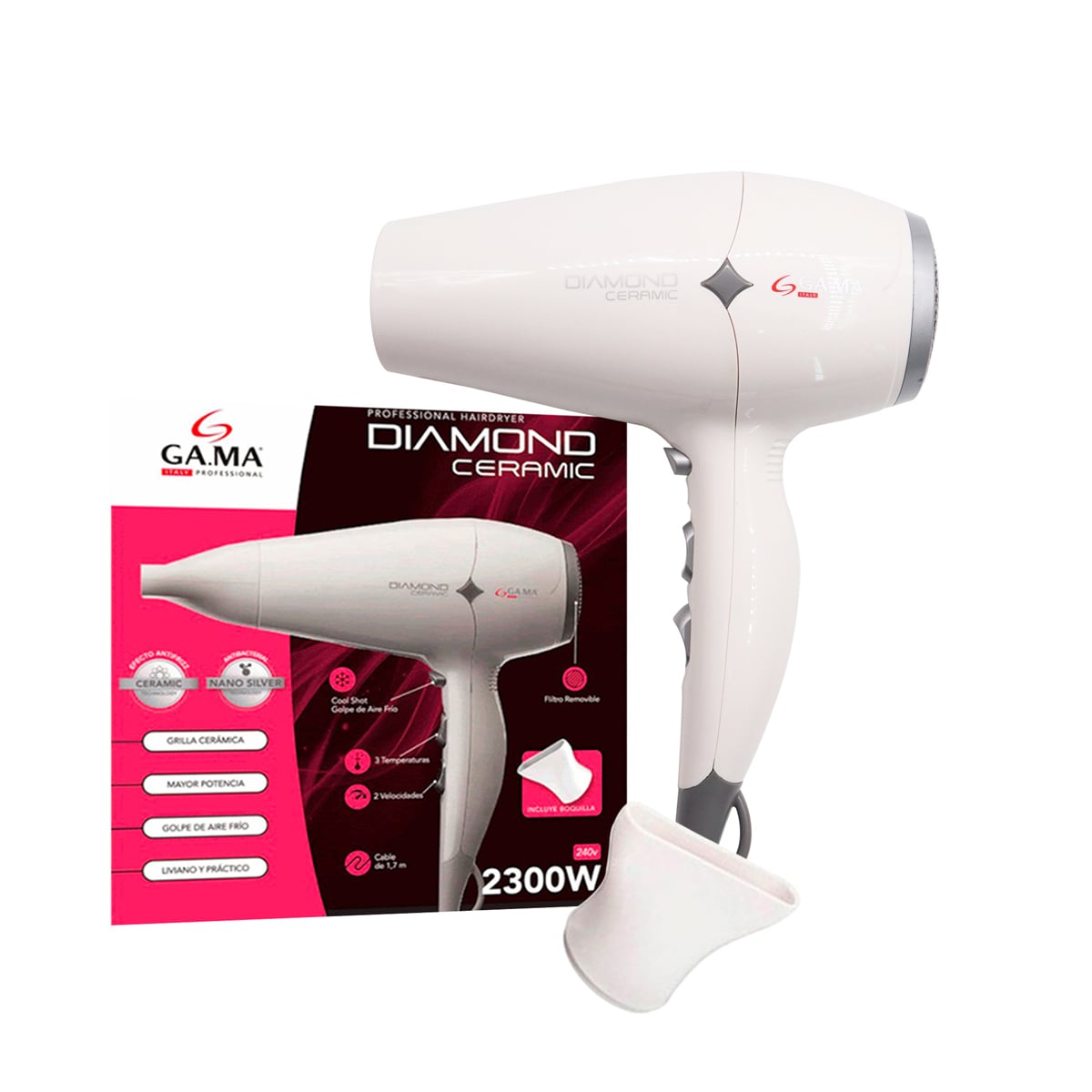 GAMA SECADOR DE CABELLO GAMA 2300 W PROFESIONAL ANTIBACTERIAL CERÁMICA BLANCO