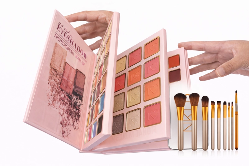 Paleta de maquillaje sombras rubor iluminador y labial + set 12 brochas - 1