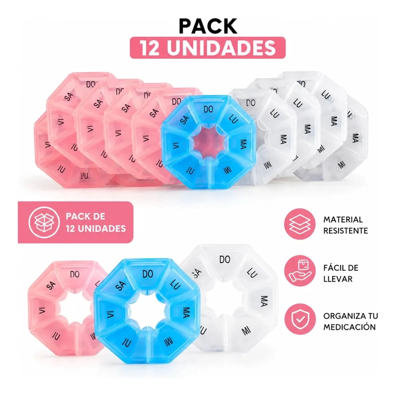 PACK 12 PASTILLERO SEMANAL ORGANIZADOR PORTATIL 7 DIAS - 2