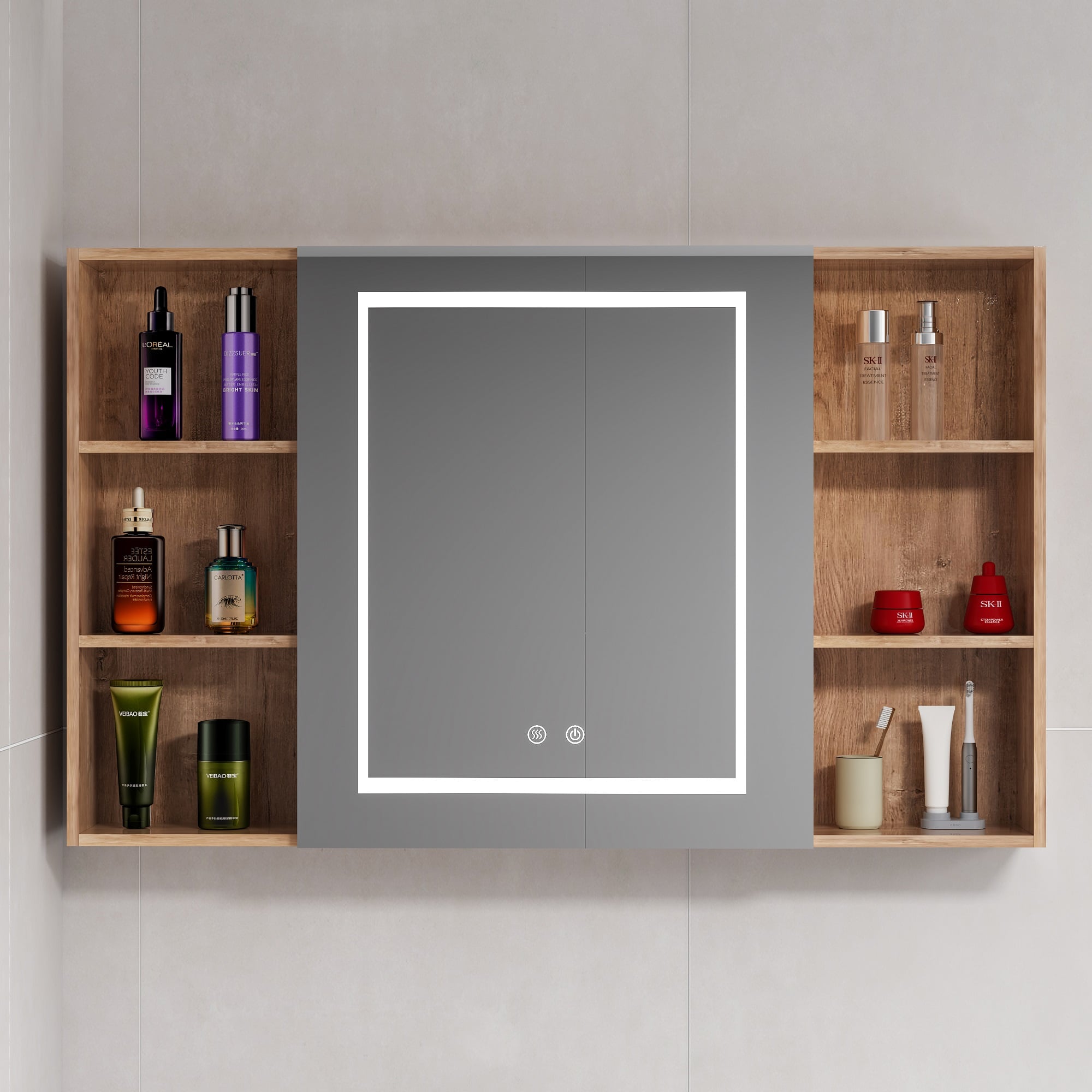 MUEBLE BOTIQUÍN DOMSA MMR-100 RECTANGULAR NOGAL ESPEJO LED ANTIEMPAÑANTE WOOD 98X80X14CM - 1