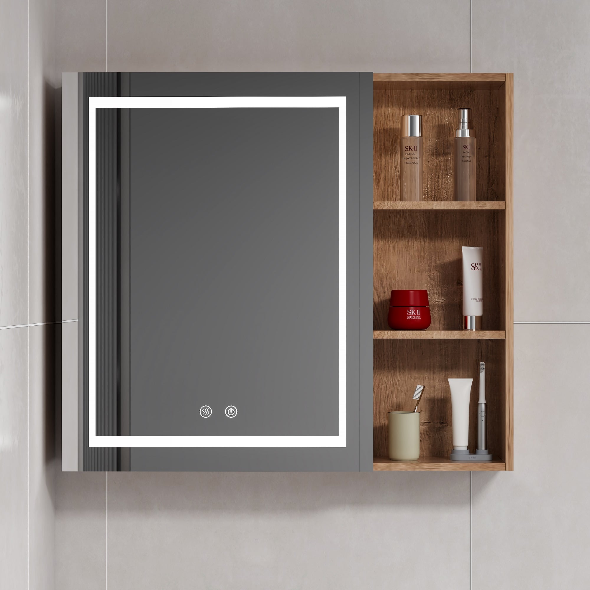 MUEBLE BOTIQUÍN DOMSA MMR-70 RECTANGULAR NOGAL ESPEJO LED ANTIEMPAÑANTE WOOD 68X80X14CM - 1