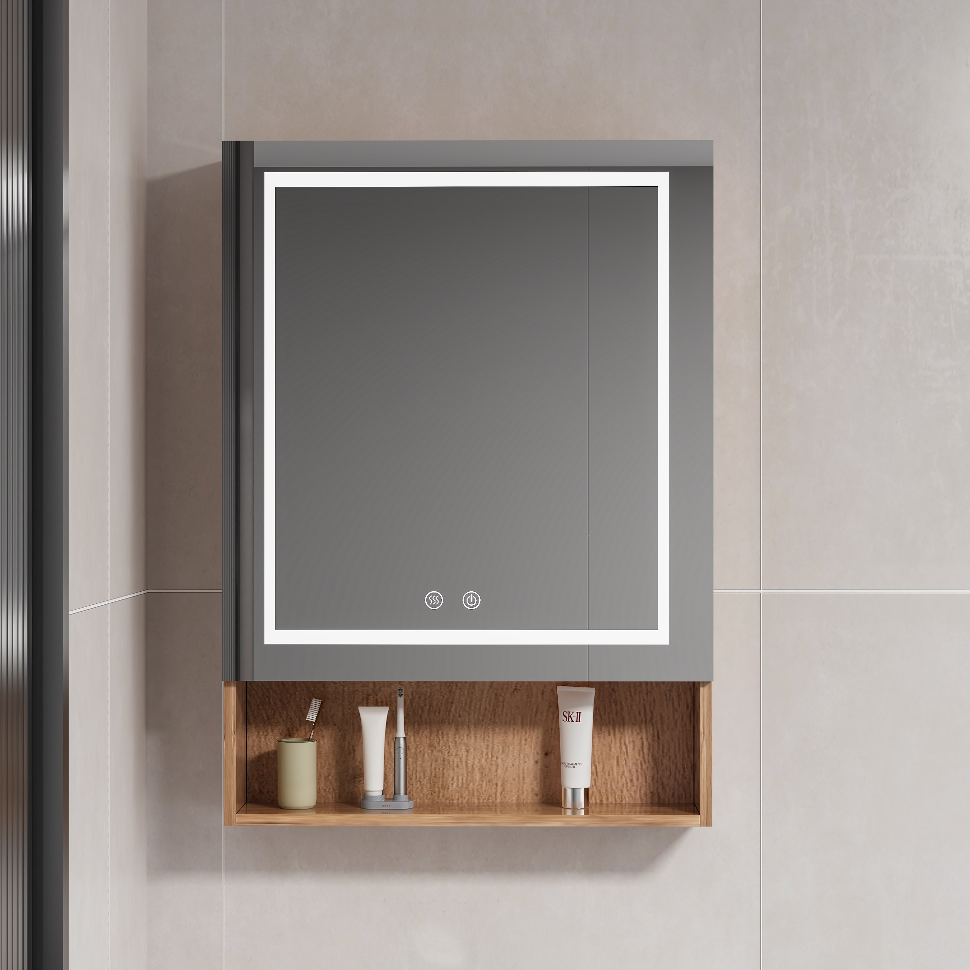 MUEBLE BOTIQUÍN DOMSA MMR-50 RECTANGULAR NOGAL ESPEJO LED ANTIEMPAÑANTE WOOD 48X80X14CM - 1