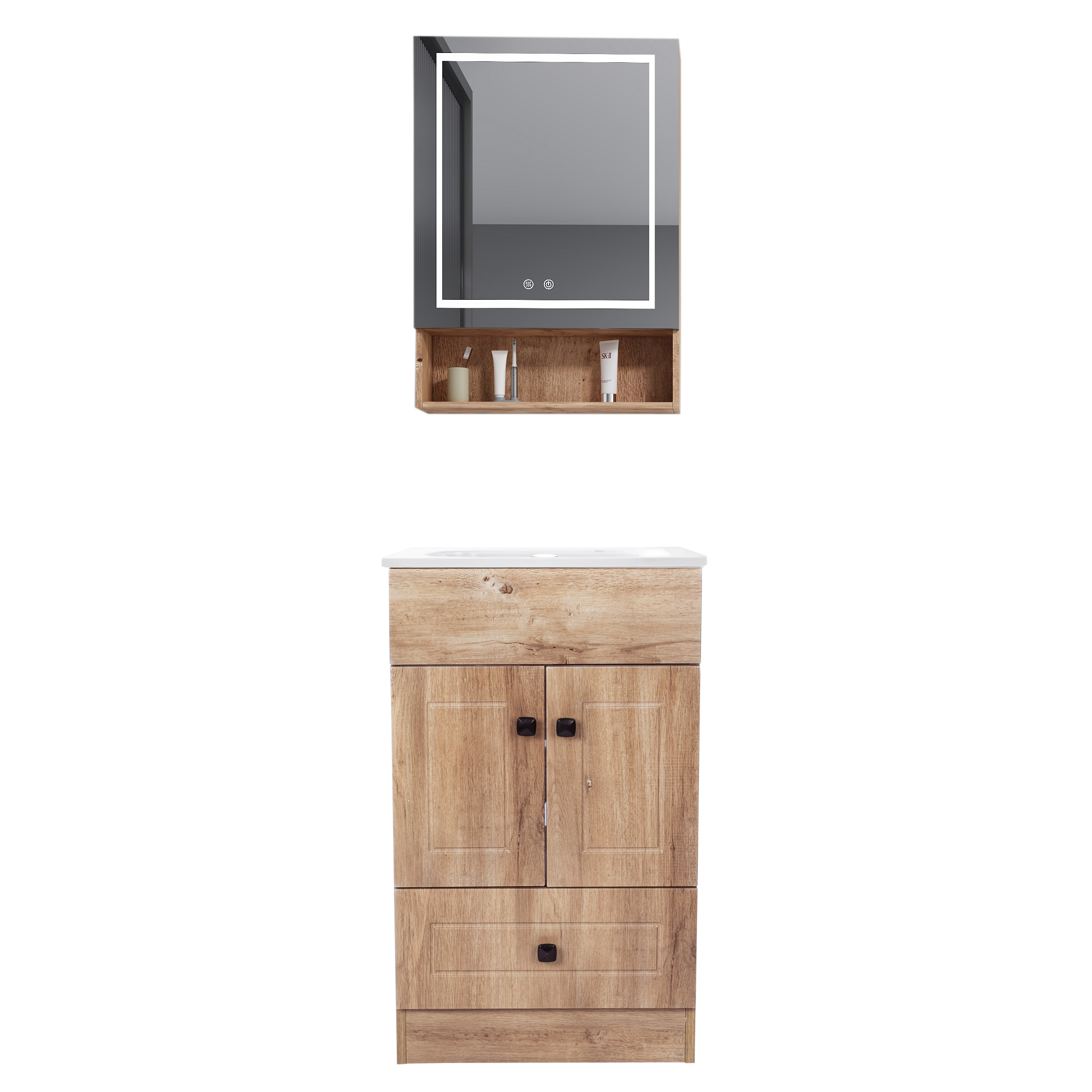 KIT MUEBLE VANITORIO DOMSA CON BOTIQUIN ESPEJO LED ANTIEMPAÑANTE WP-50 NOGAL - 1
