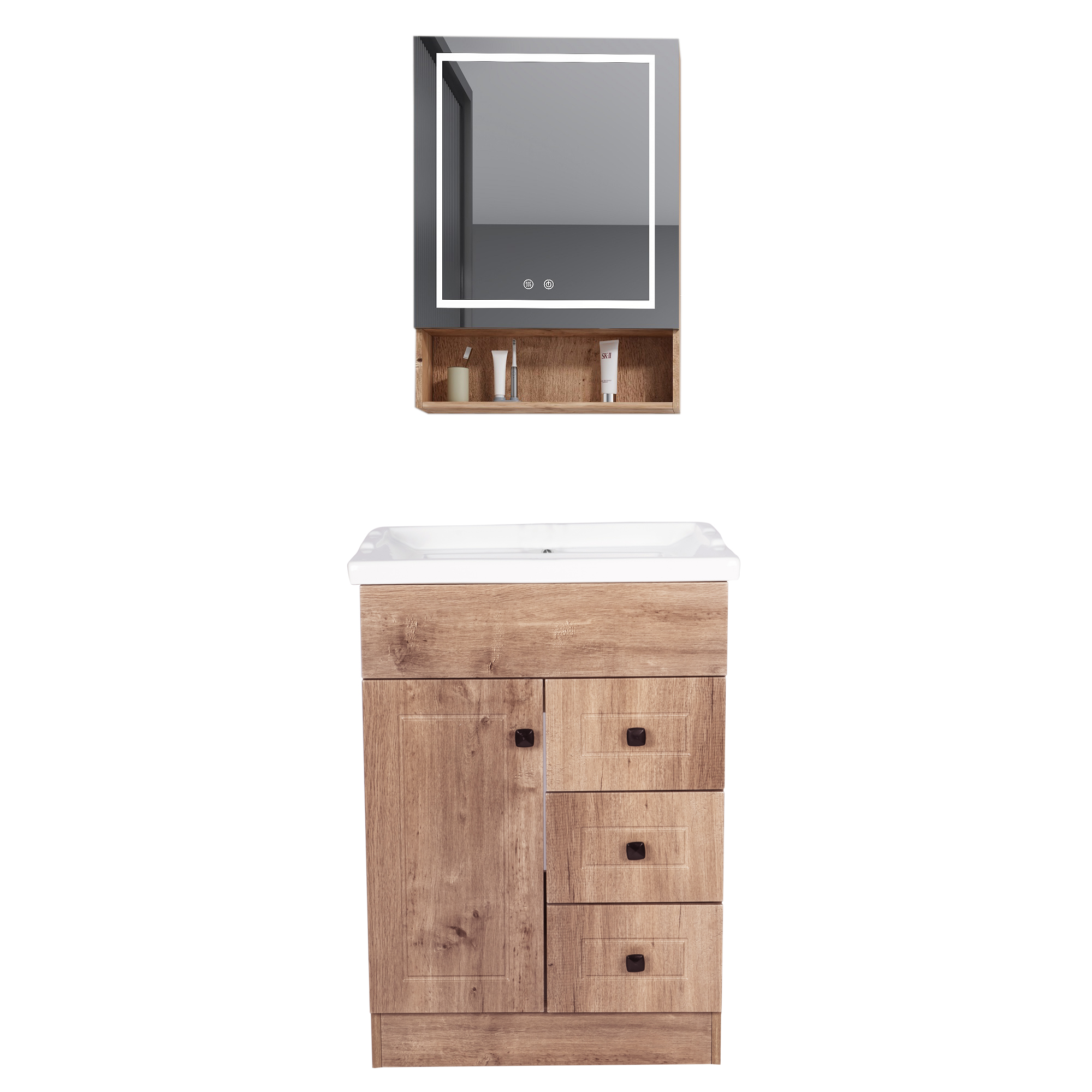 KIT MUEBLE VANITORIO DOMSA CON BOTIQUIN ESPEJO LED ANTIEMPAÑANTE WHNF-60 NOGAL - 1