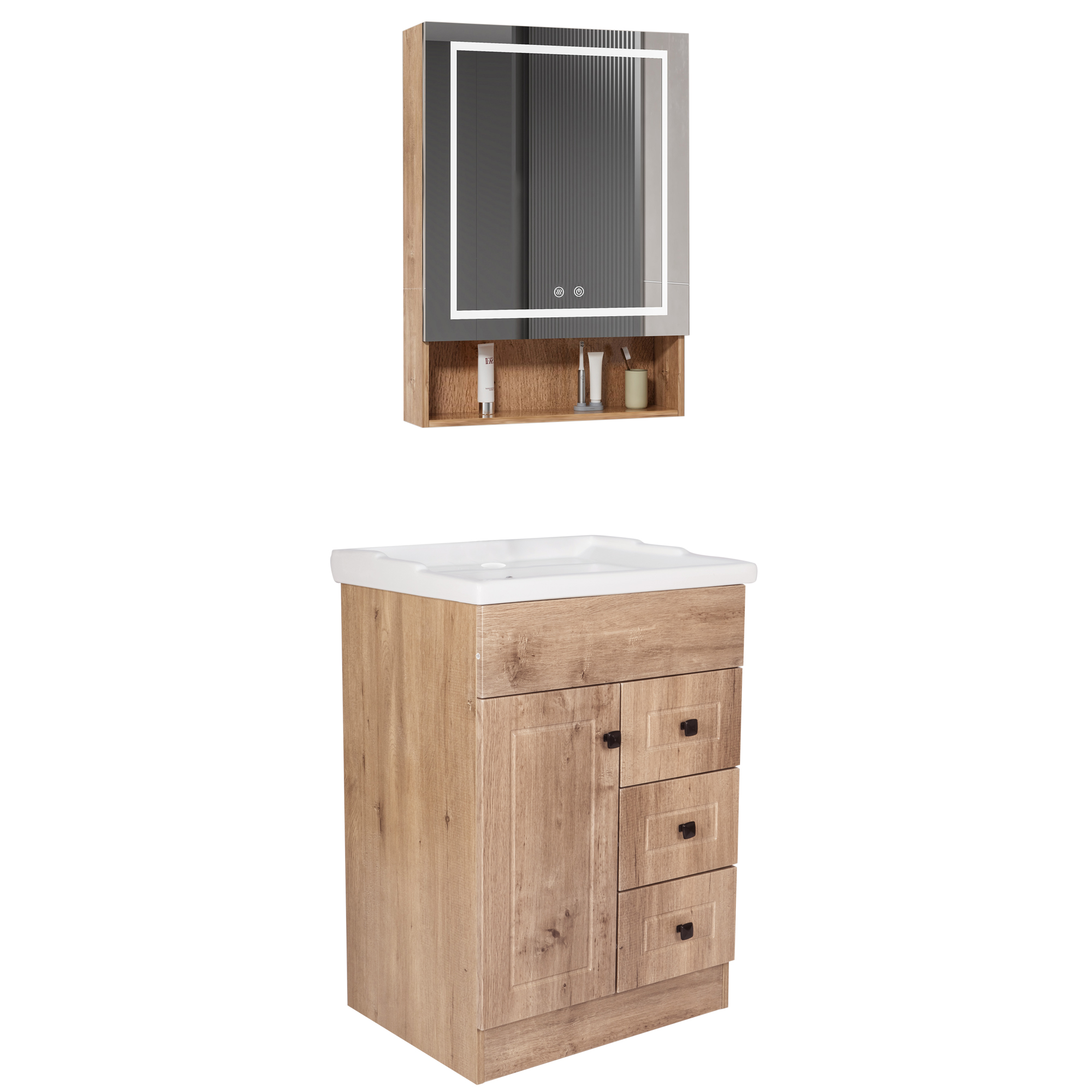 KIT MUEBLE VANITORIO DOMSA CON BOTIQUIN ESPEJO LED ANTIEMPAÑANTE WHNF-60 NOGAL - 2