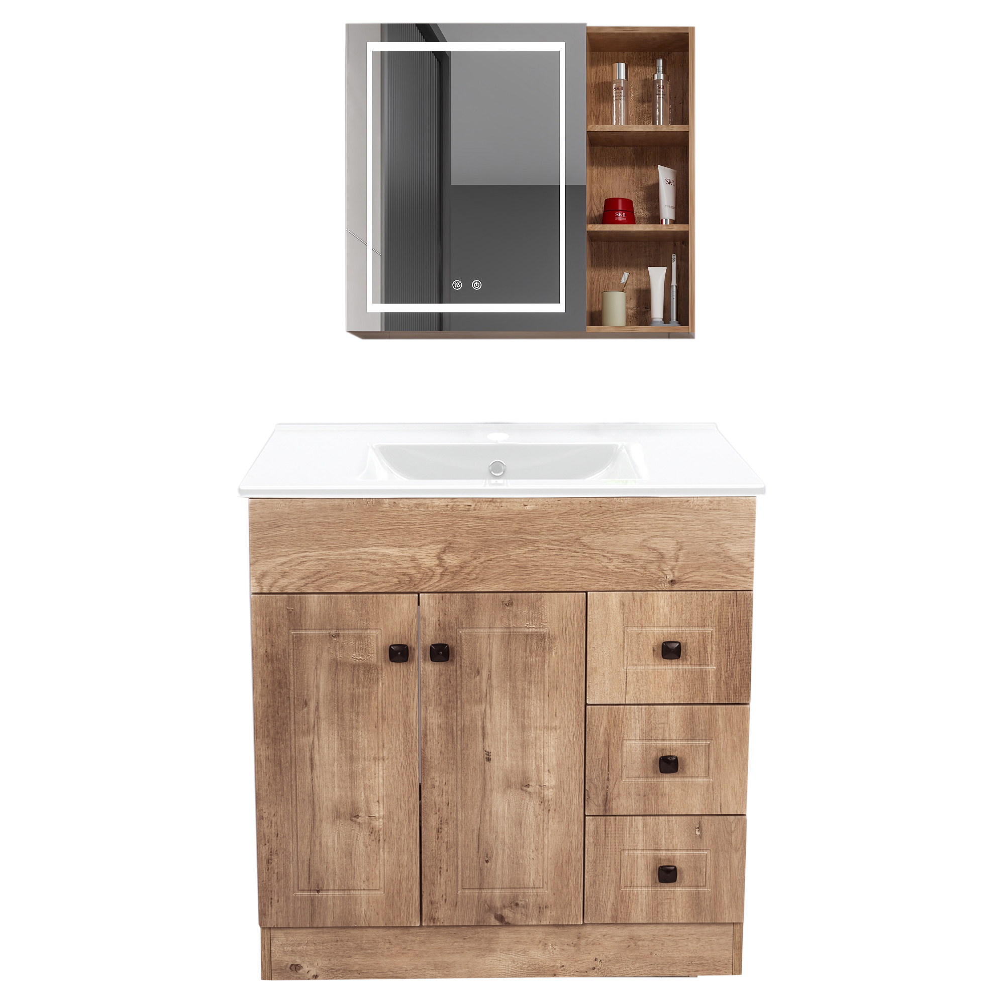 KIT MUEBLE VANITORIO DOMSA CON BOTIQUIN ESPEJO LED ANTIEMPAÑANTE WP-80 NOGAL - 1