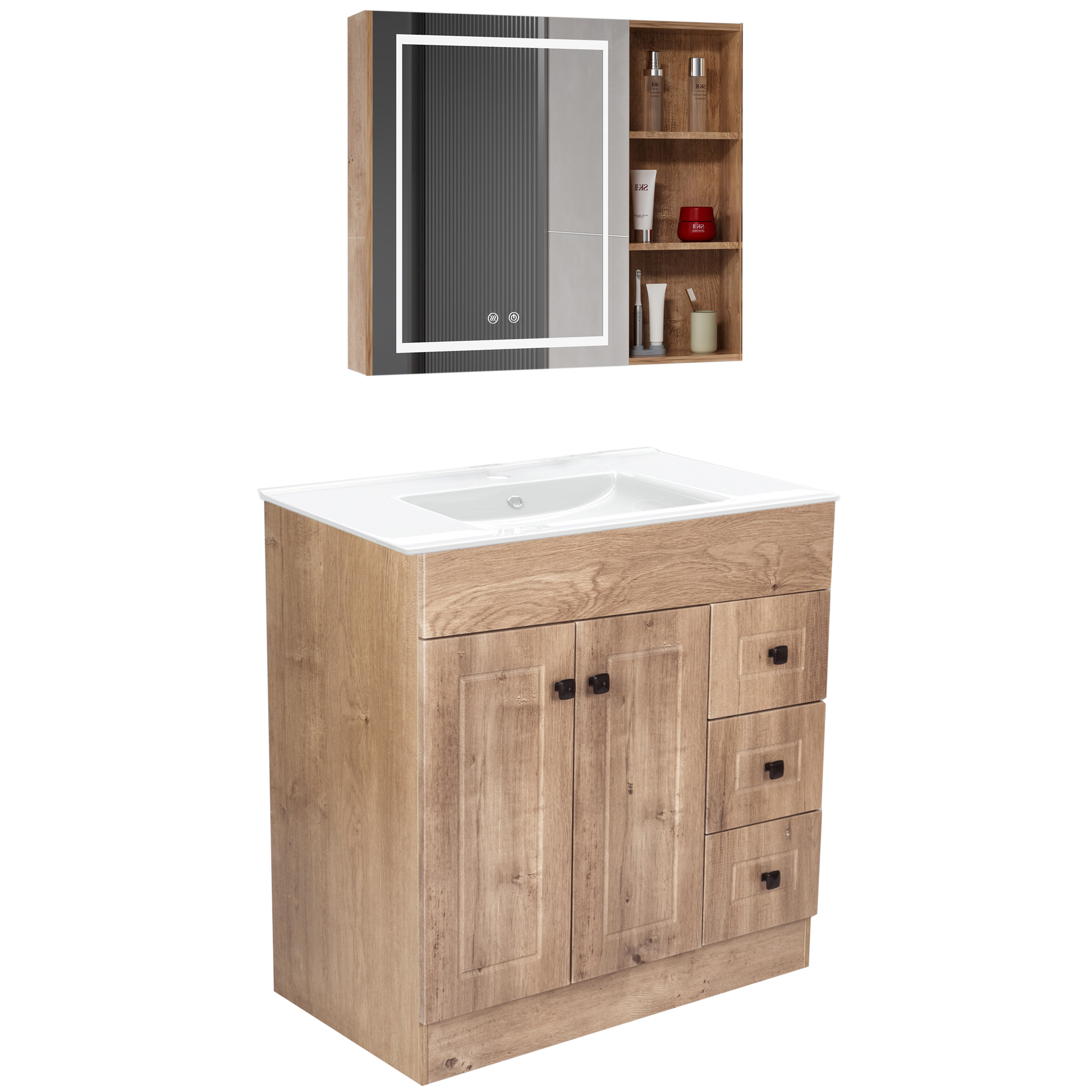 KIT MUEBLE VANITORIO DOMSA CON BOTIQUIN ESPEJO LED ANTIEMPAÑANTE WP-80 NOGAL - 2