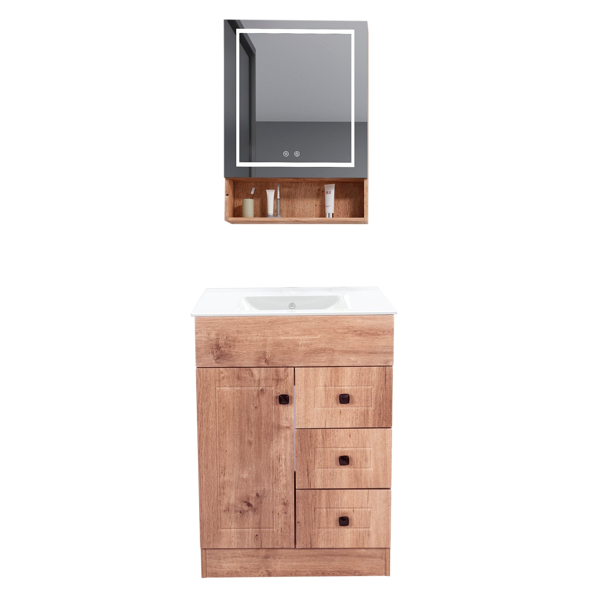 KIT MUEBLE VANITORIO DOMSA CON BOTIQUIN ESPEJO LED ANTIEMPAÑANTE WHNP-60 NOGAL - 1