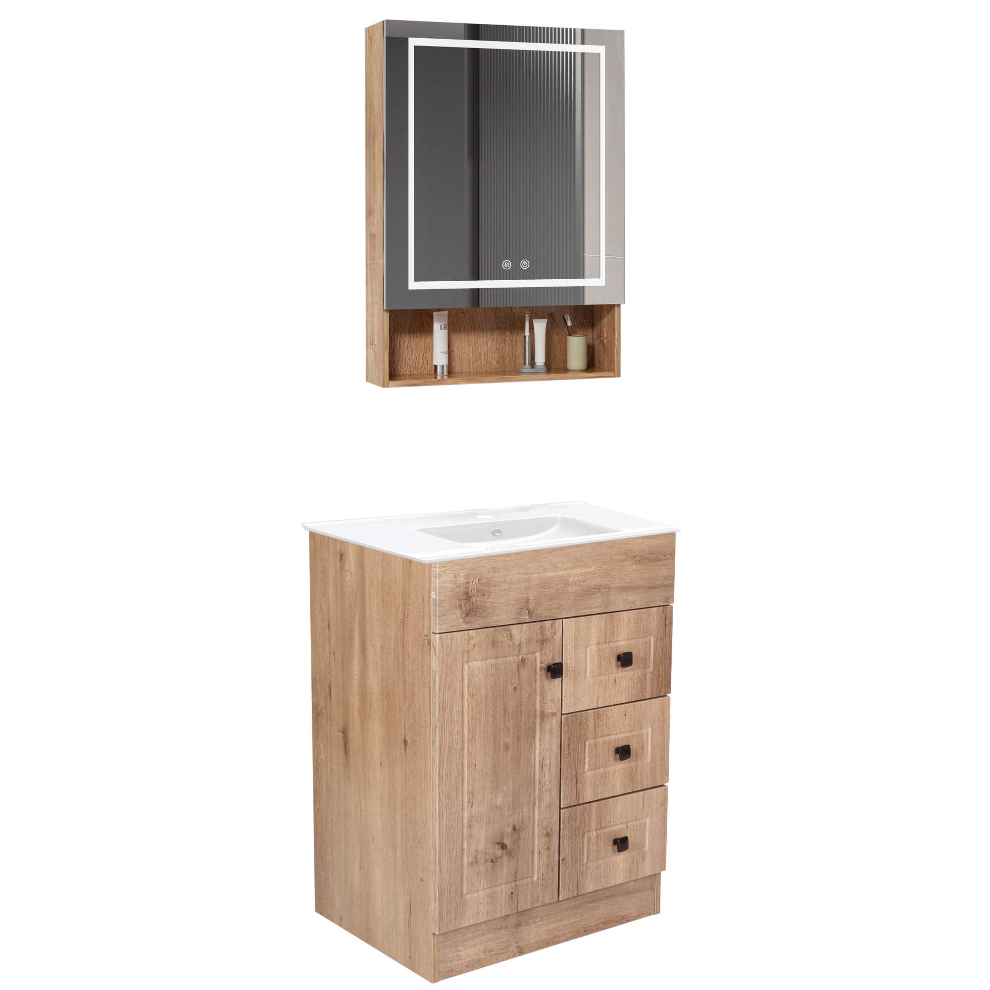 KIT MUEBLE VANITORIO DOMSA CON BOTIQUIN ESPEJO LED ANTIEMPAÑANTE WHNP-60 NOGAL - 2