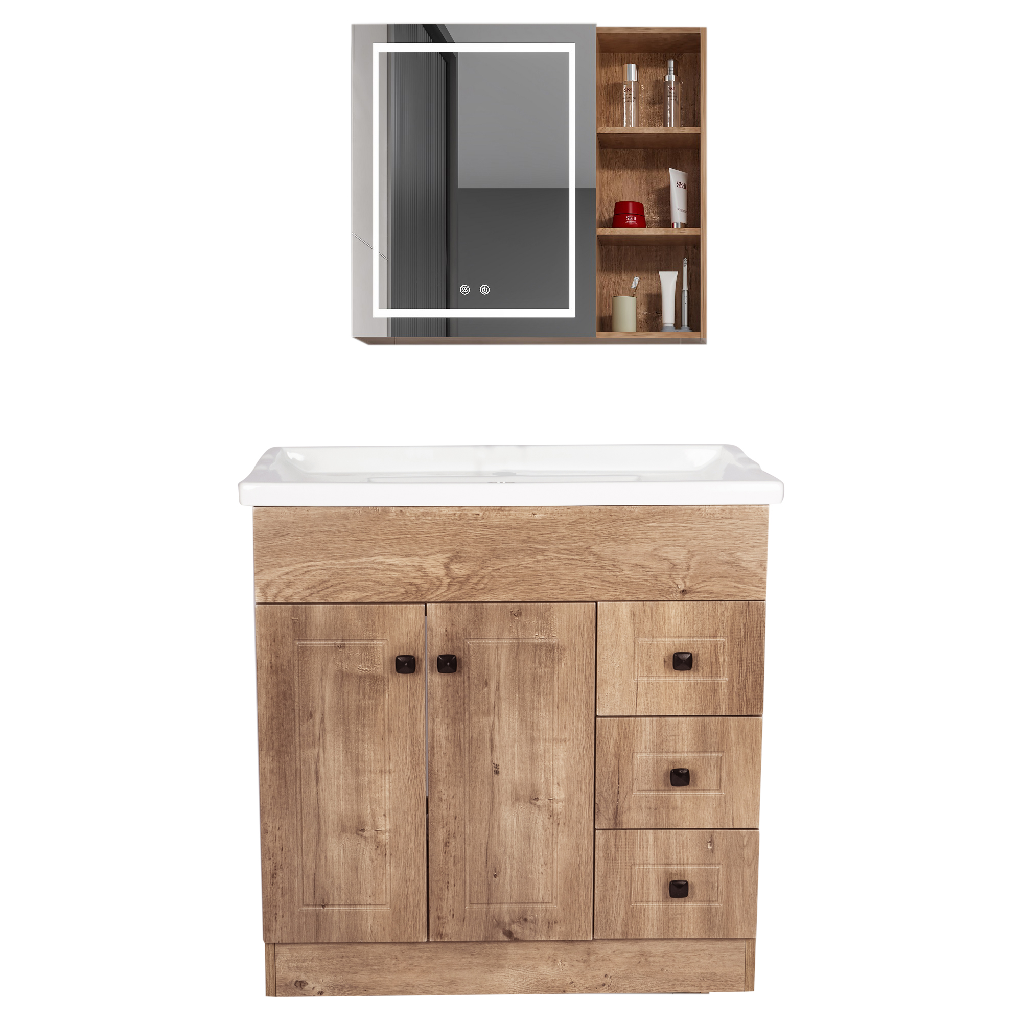 KIT MUEBLE VANITORIO DOMSA CON BOTIQUIN ESPEJO LED ANTIEMPAÑANTE WF-80 NOGAL - 1