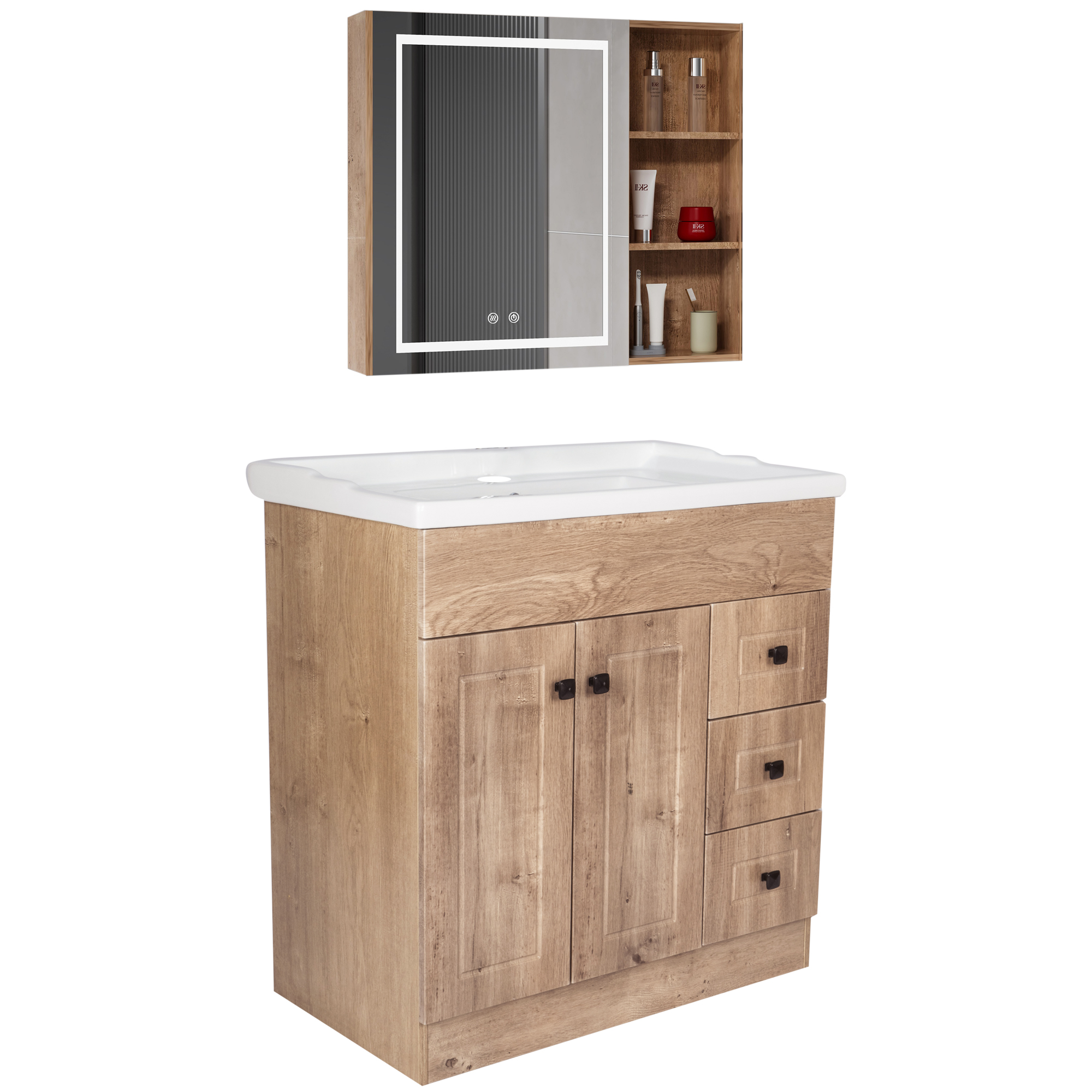 KIT MUEBLE VANITORIO DOMSA CON BOTIQUIN ESPEJO LED ANTIEMPAÑANTE WF-80 NOGAL - 2