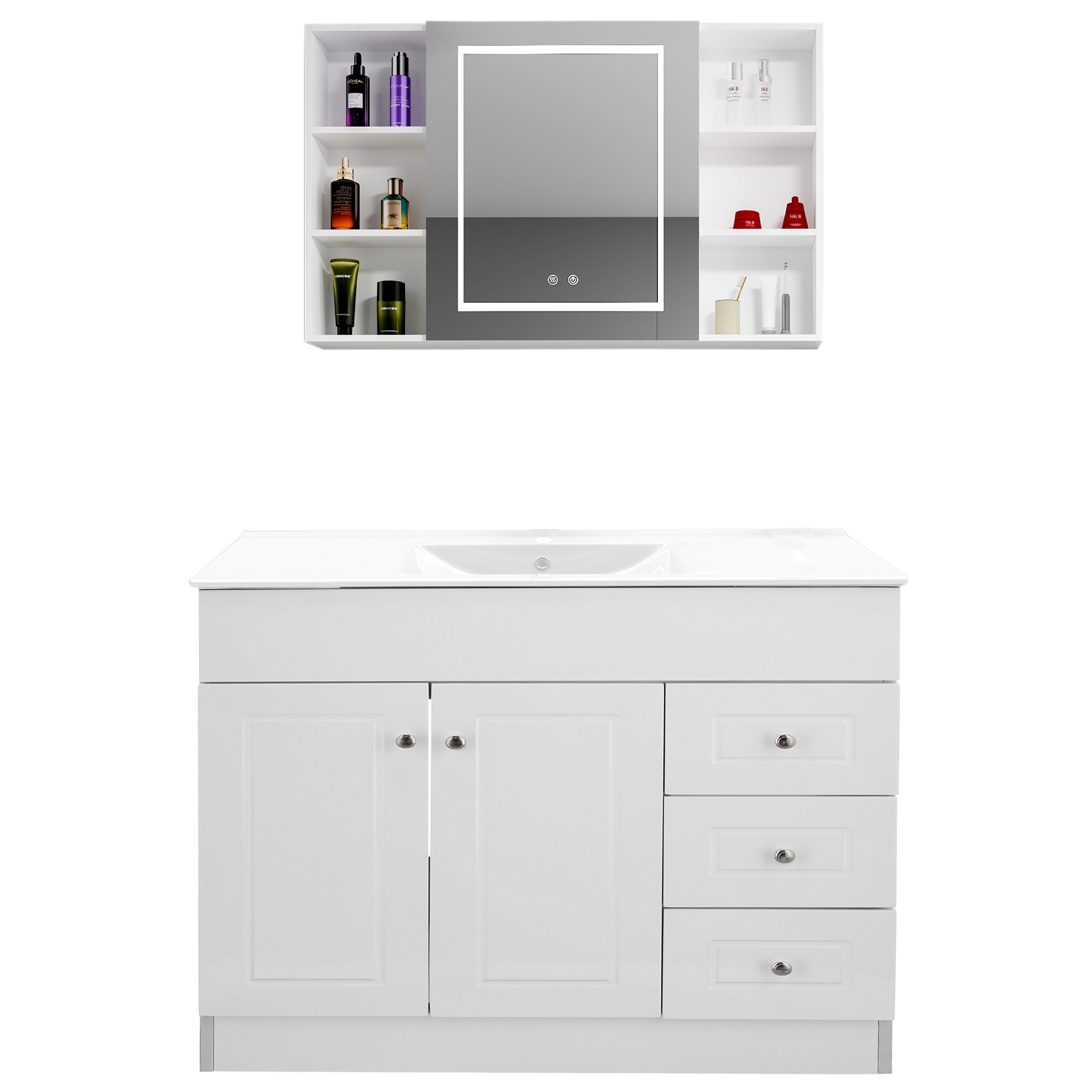 KIT MUEBLE VANITORIO DOMSA CON BOTIQUIN ESPEJO LED ANTIEMPAÑANTE BP-120 BLANCO - 1