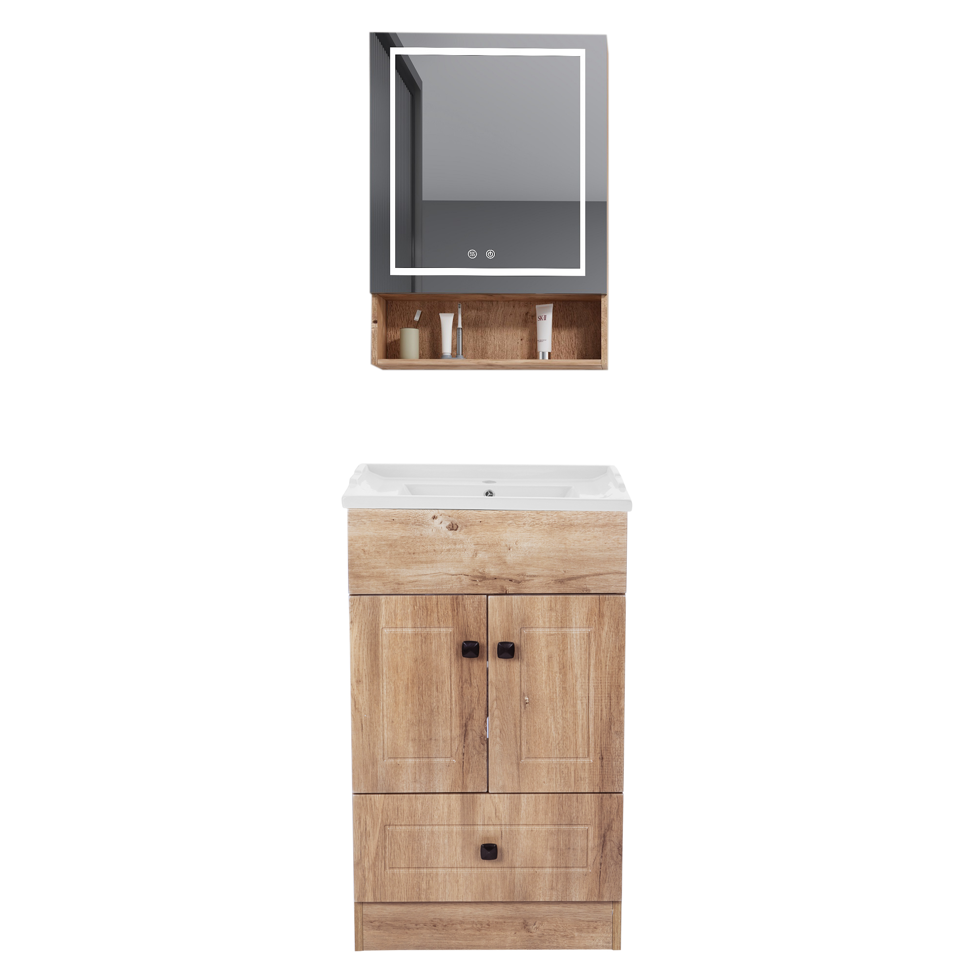 KIT MUEBLE VANITORIO DOMSA CON BOTIQUIN ESPEJO LED ANTIEMPAÑANTE WF-50 NOGAL - 1