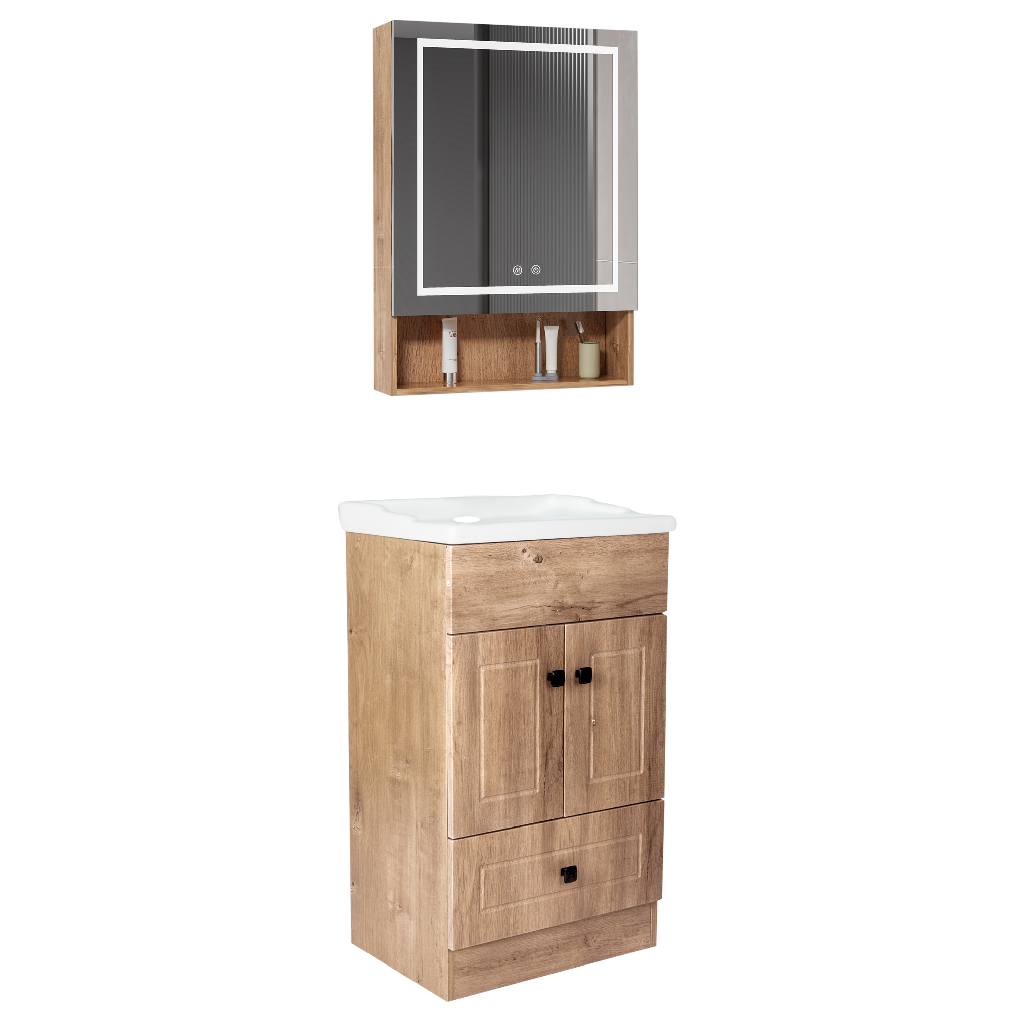 KIT MUEBLE VANITORIO DOMSA CON BOTIQUIN ESPEJO LED ANTIEMPAÑANTE WF-50 NOGAL - 2