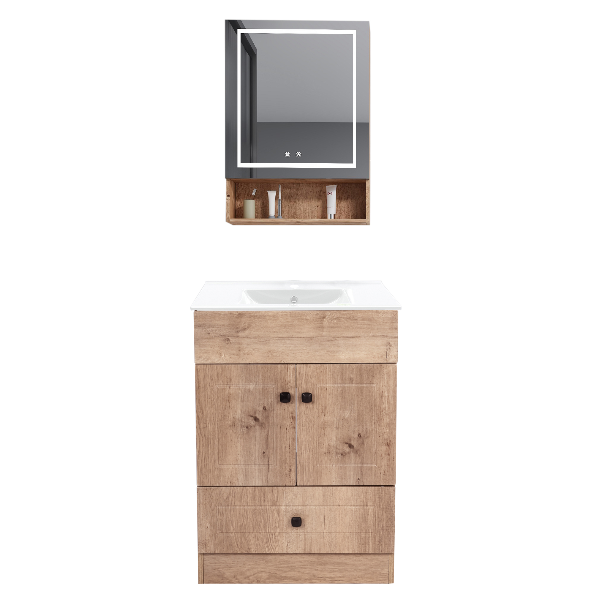 KIT MUEBLE VANITORIO DOMSA CON BOTIQUIN ESPEJO LED ANTIEMPAÑANTE WHP-60 NOGAL - 1