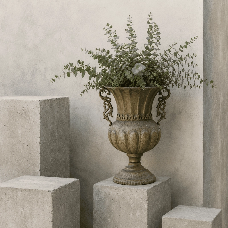 JARRON DECORATIVO ROMANO DE METAL CON ASAS ESTILO ANTIGUO - 3