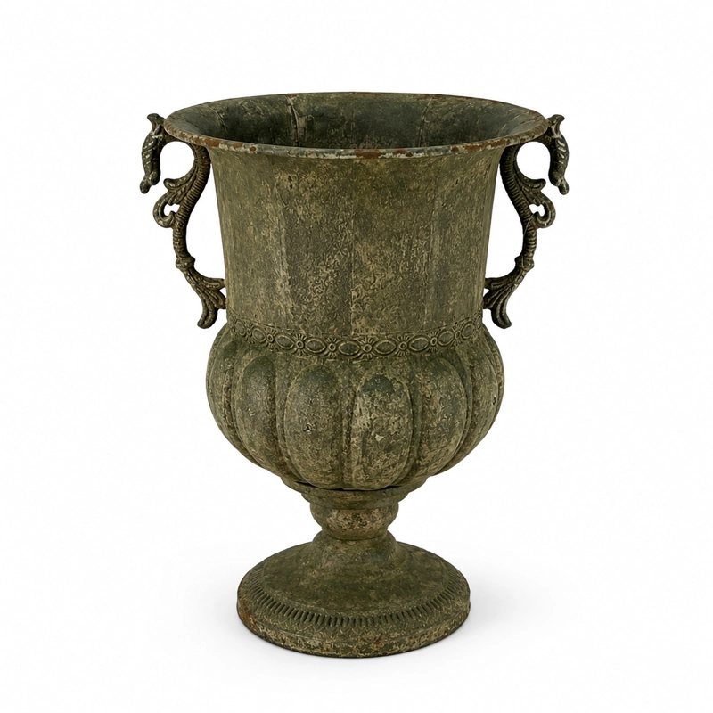 MACETA ROMANA DECORATIVA DE METAL VINTAGE CON ASAS - 1