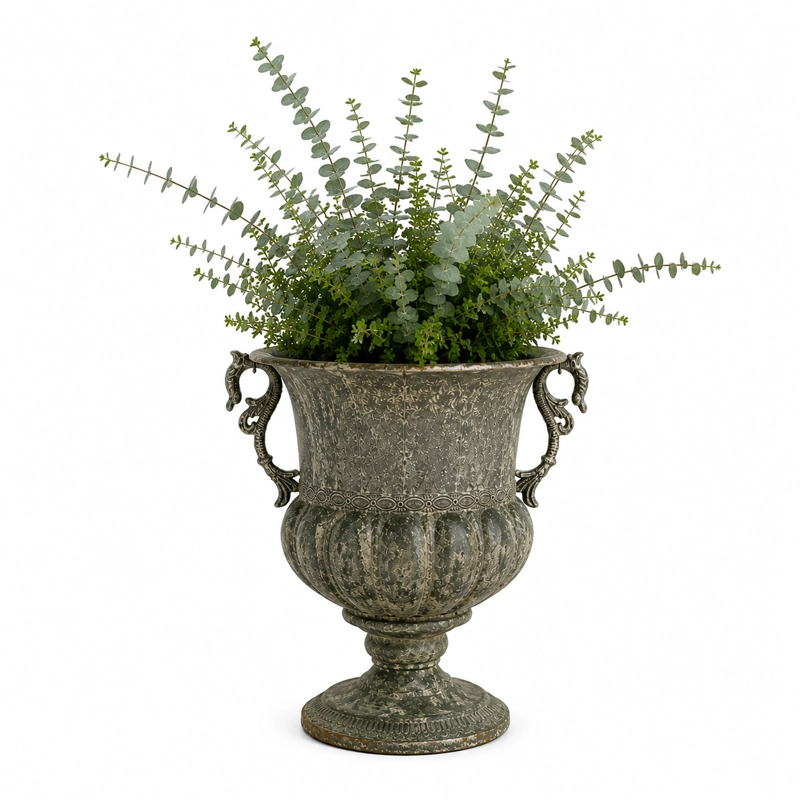 MACETA ROMANA DECORATIVA DE METAL VINTAGE CON ASAS - 2