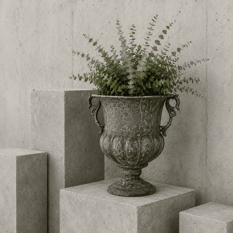 MACETA ROMANA DECORATIVA DE METAL VINTAGE CON ASAS - 3