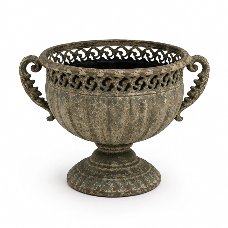 MACETA ROMANA DECORATIVA DE METAL CON ASAS ESTILO ANTIGUO