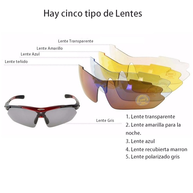 LENTES ROCKBROS POLARIZADO CICLISMO 5 MICAS 12 PIEZAS UV400 - ROJO - 4