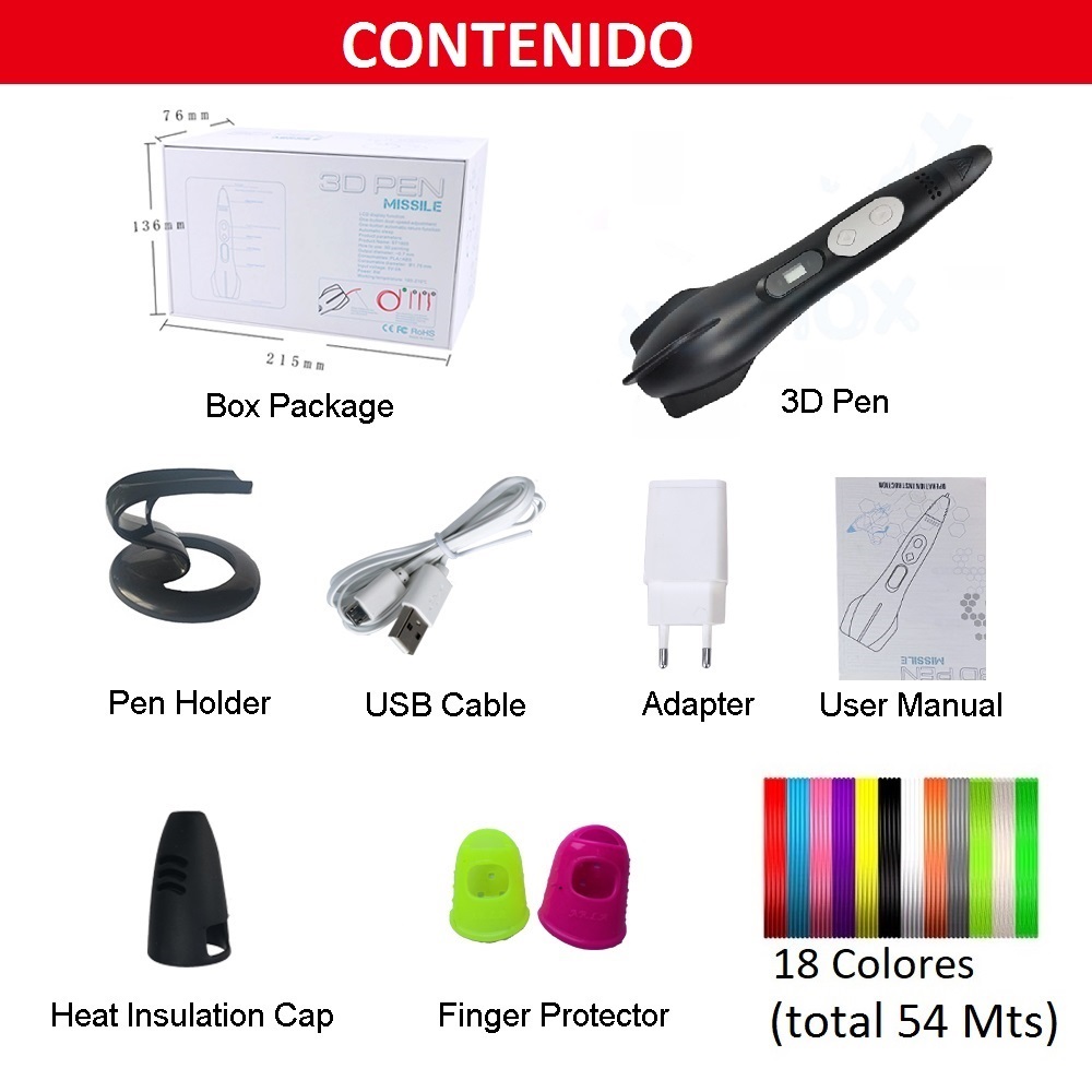 BOLIGRAFO DE IMPRESIÓN 3D MISIL SMAFFOX SMA-2 + 54MTS - NEGRO - 6