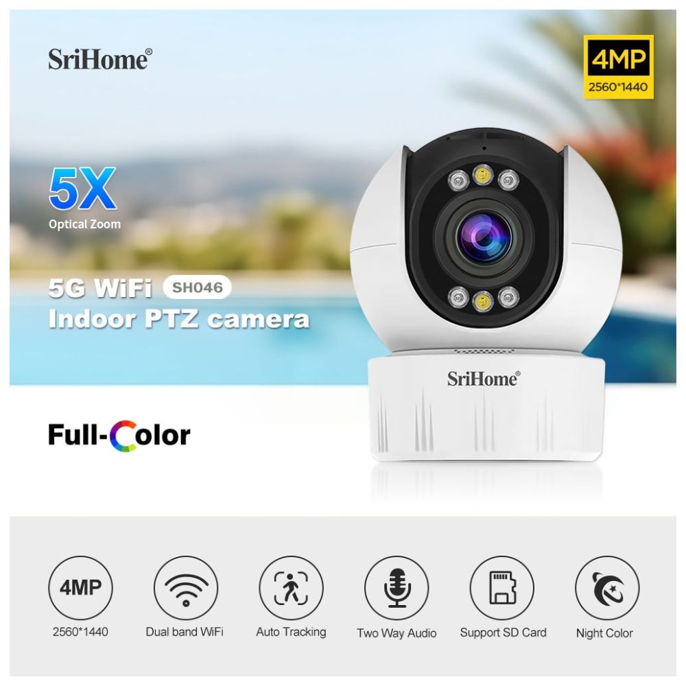 CÁMARA SRIHOME IP WIFI 5G SH046 4MP 1440P H.265, 5X ZOOM, - 4
