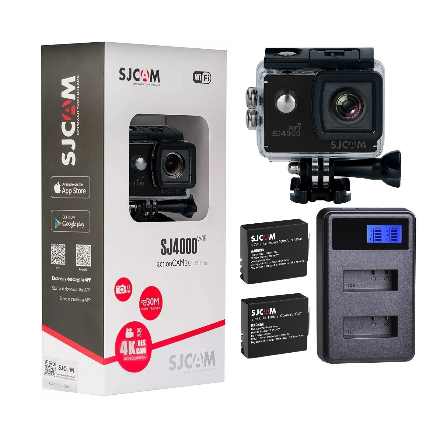 PACK CÁMARA DEPORTIVA 4K SJCAM SJ4000 WIFI 2 BATERÍAS + CARGADOR LED - 1