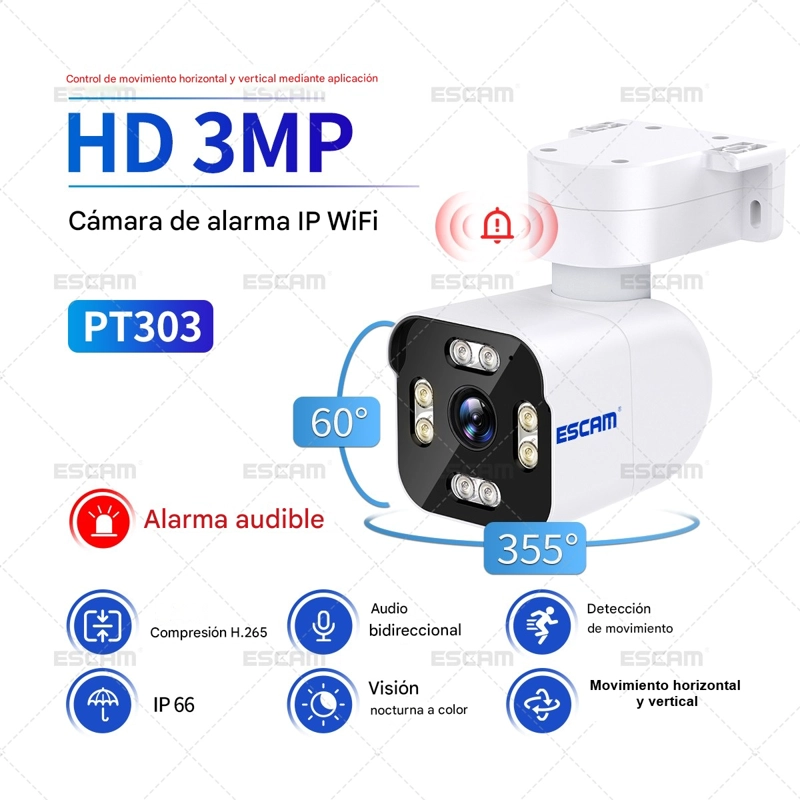 CAMARA DE EXTERIOR IP PTZ 3 MP FULL HD DETECTOR DE PERSONAS VISION NOCTURNA DUAL IR ESCAM PT303 - 5
