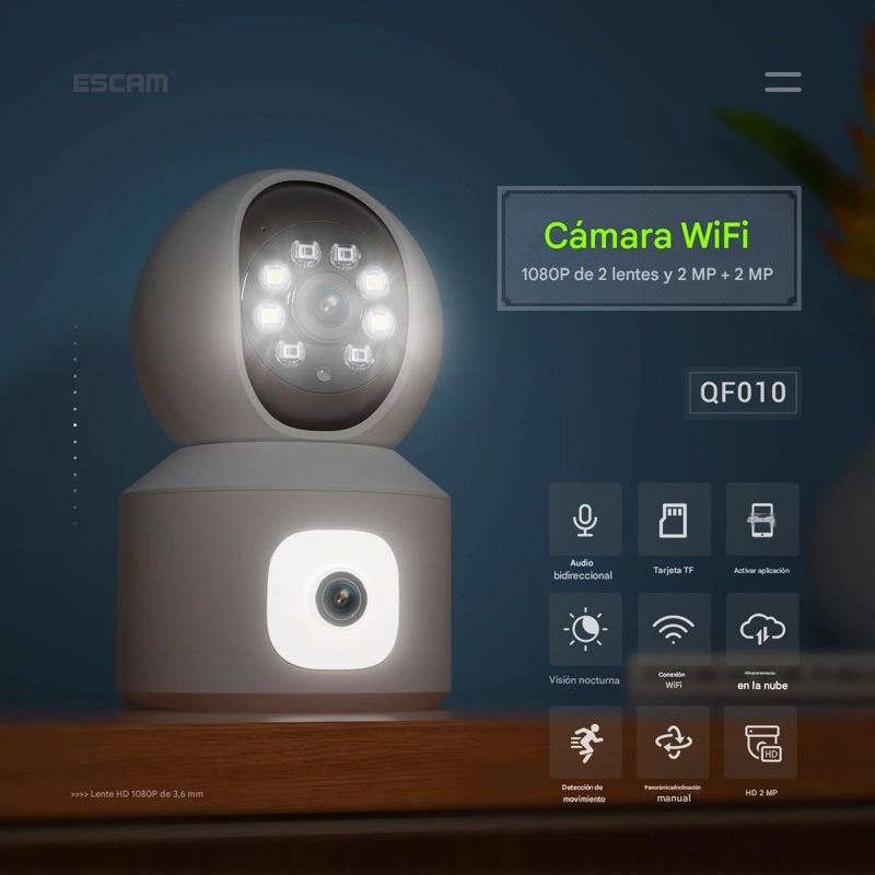 CAMARA DE INTERIOR WI-FI LENTE DUAL 2MP PTZ VISION NOCTURNA DUAL ESCAM QF010 - 6
