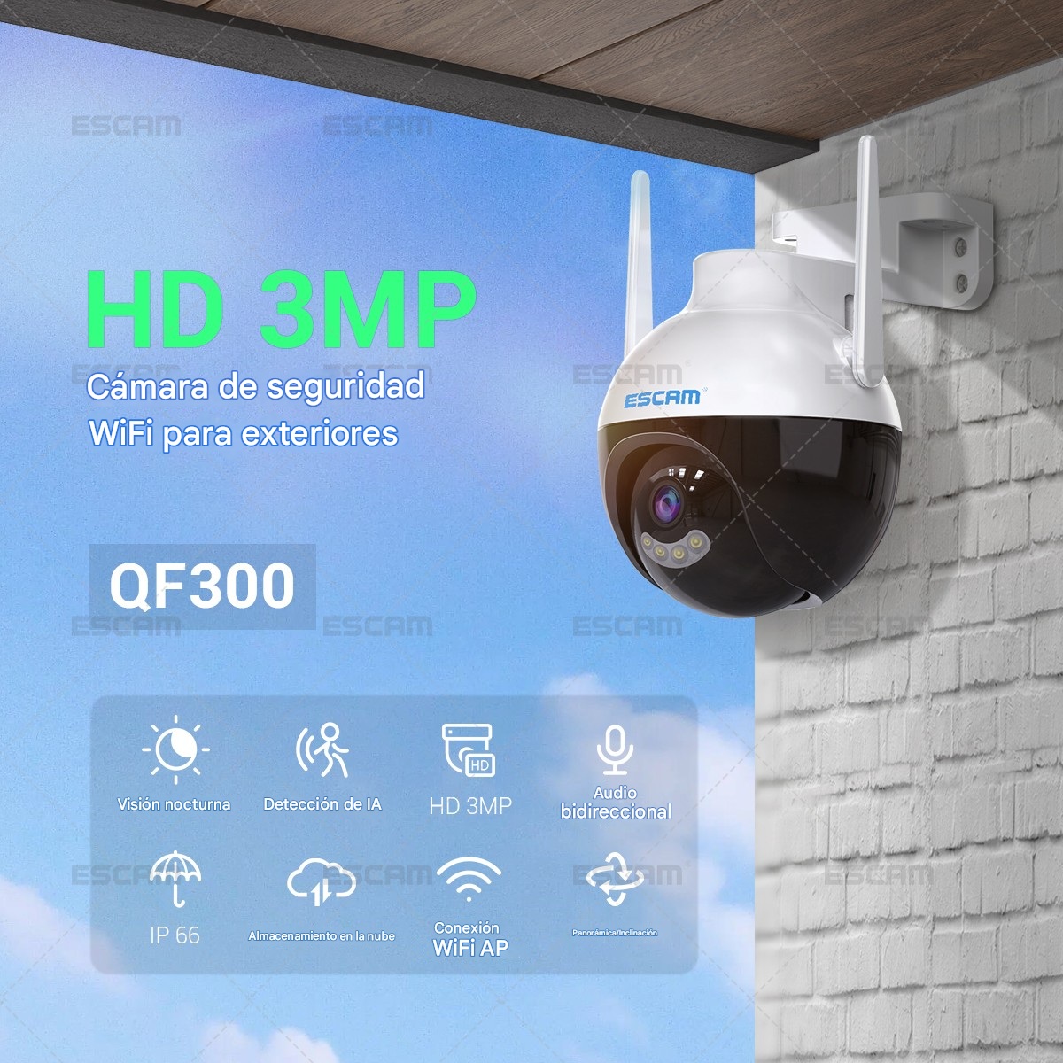 CAMARA DE EXTERIOR IP WIFI PTZ 3MP 1296P VISION NOCTURNA DUAL ESCAM QF300 - 6