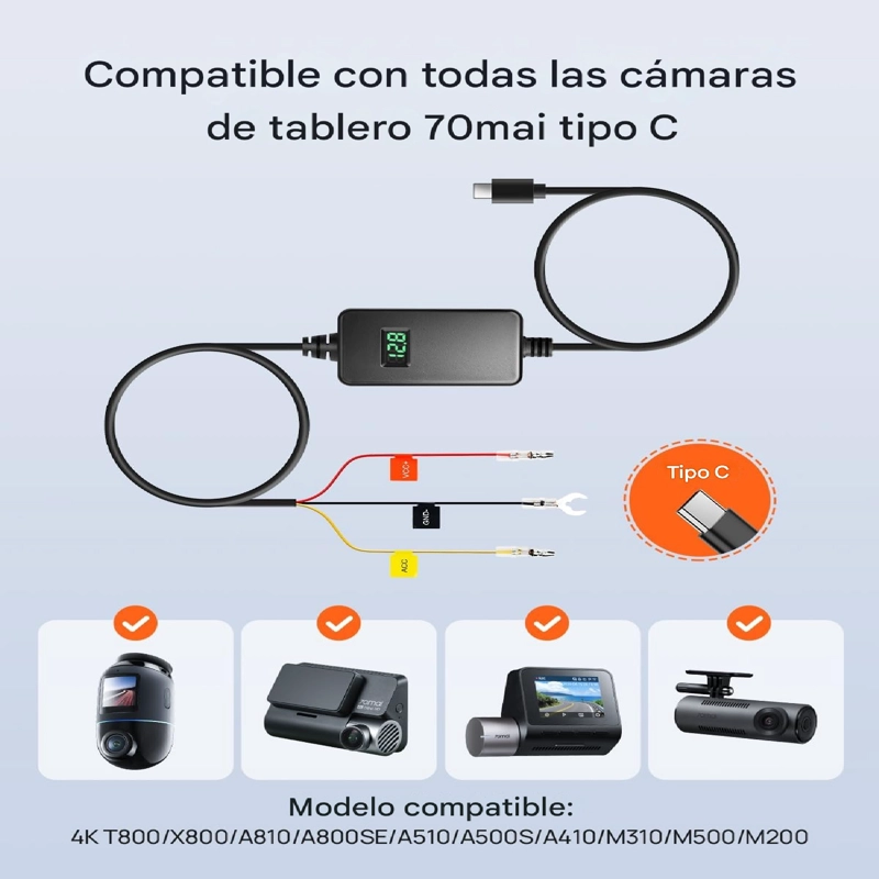 KIT DE CABLEADO ENERGIA AJUSTABLE 70MAI UP06 TIPO-C 12–30V – PARKING 24H CON MONITOR DE VOLTAJE - 5