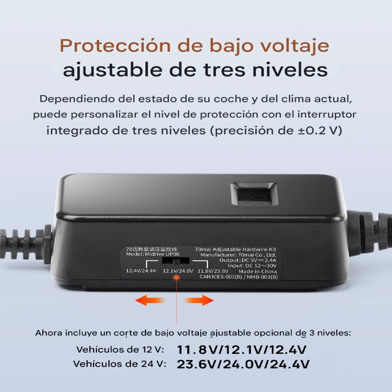 KIT DE CABLEADO ENERGIA AJUSTABLE 70MAI UP06 TIPO-C 12–30V – PARKING 24H CON MONITOR DE VOLTAJE - 7