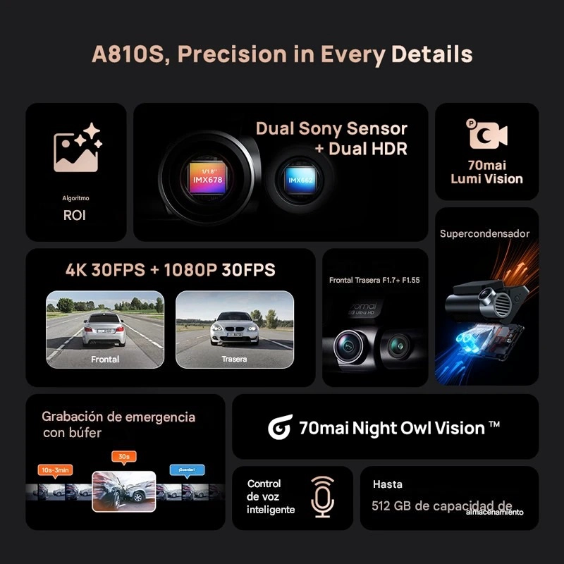 CAMARA PARA VEHICULO SONY STARVIS 2 4K HDR GPS ADAS 70MAI A810S + KIT CABLEADO UP03 - 6